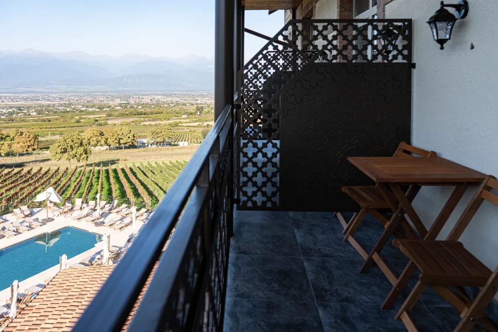 Agarani Estate — Balcony view overlooking the pool, vineyards, and distant mountains.