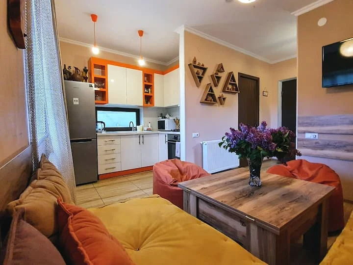 Allegria House Kazbegi — Colorful living area with kitchenette, sofa and dining table.