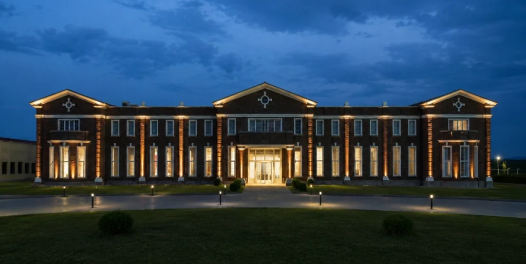 Ambassadori Kachreti Golf Resort — Illuminated resort building facade with classical columns photographed at dusk.