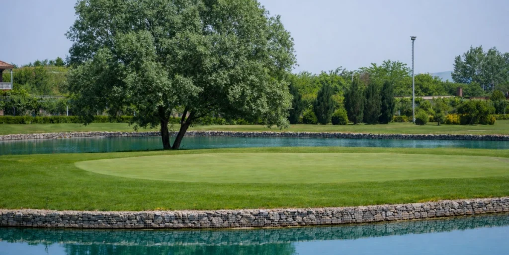 Ambassadori Kachreti Golf Resort — Golf course green surrounded by a water hazard and mature trees.