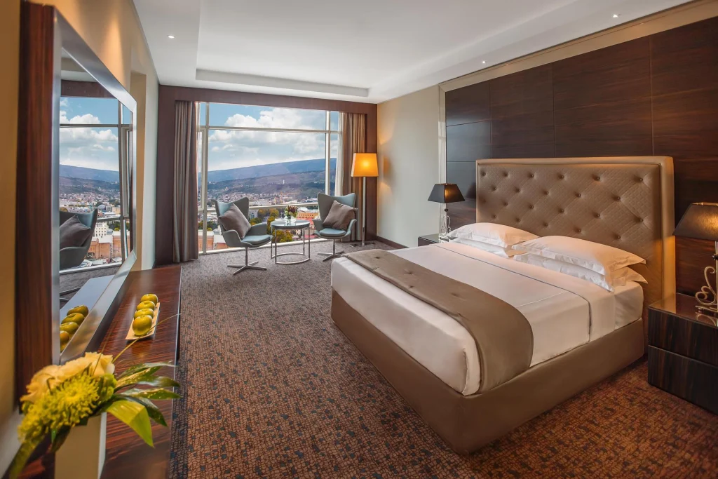 Biltmore Tbilisi Hotel — Spacious hotel room with large bed, city-view windows, and modern furnishings.