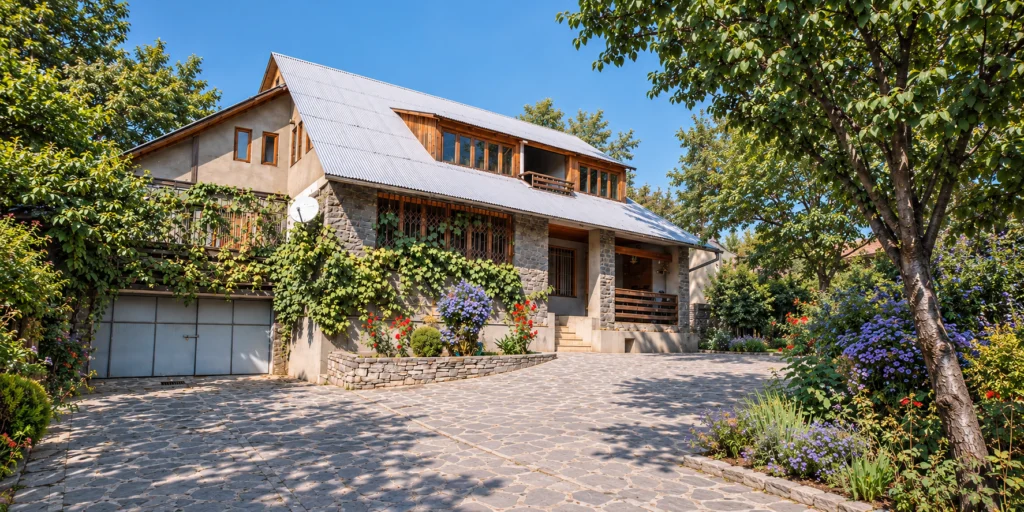 Bolnisi Prime House — Stone and wood house exterior with a paved driveway and landscaped garden.