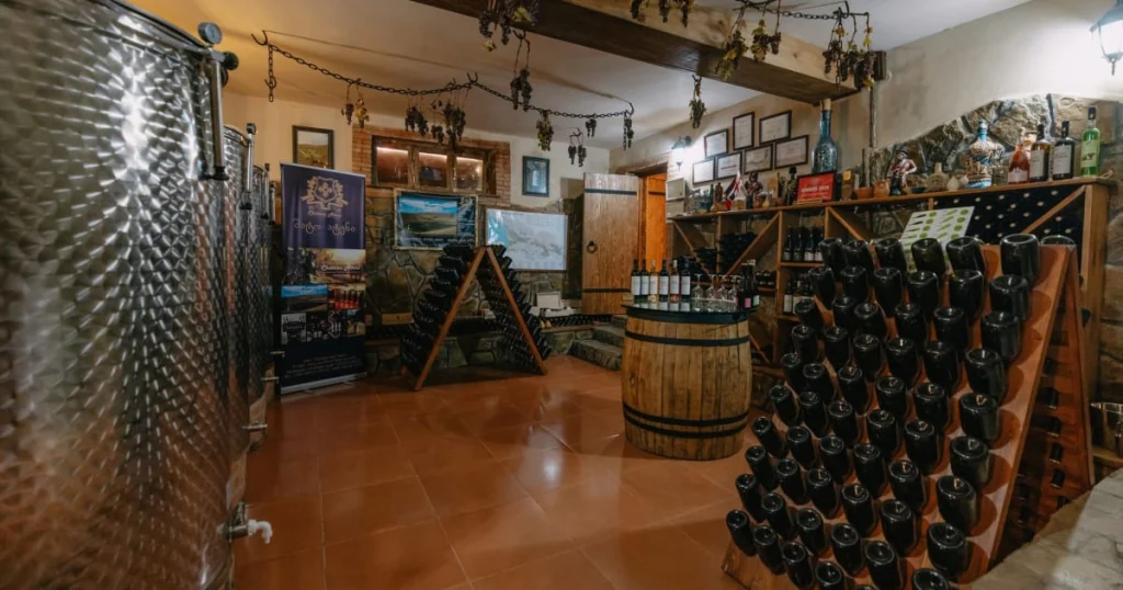 Chateau Ateni — Wine cellar room with barrels, bottle racks, and steel fermentation tanks on display.