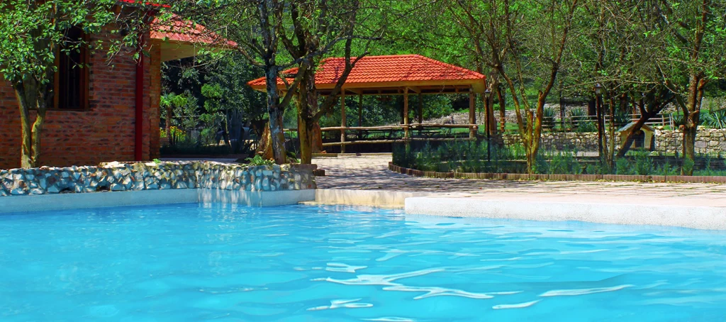 Chateau Chikovani — Outdoor swimming pool with a wooden gazebo and trees in the background.