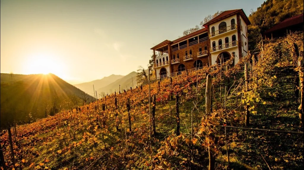Chateau Iveri — Chateau building on a hillside amid golden vineyard terraces at sunset.