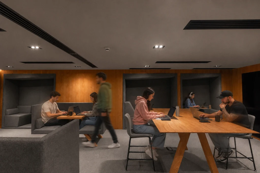 Episode Tbilisi — Communal work lounge with wooden booths and guests using laptops at a shared table.
