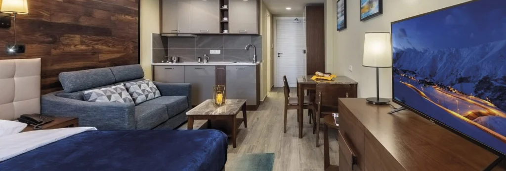 Gudauri Hills Residence — Hotel room with bed, sofa, kitchenette, and television in a cozy layout.