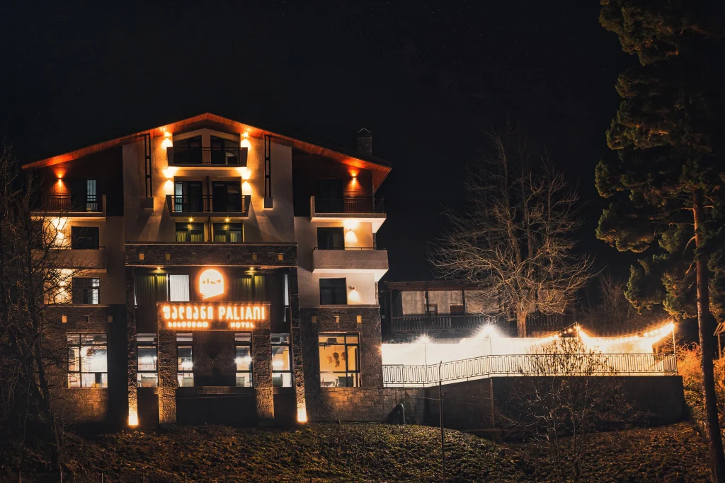 Hostel Paliani — Hostel Paliani's illuminated multi-story building and bridge entrance photographed at night.