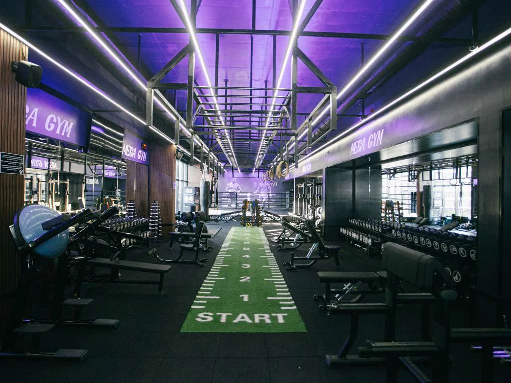 Ibis Styles Batumi — Modern hotel gym with rows of equipment and purple ambient lighting.