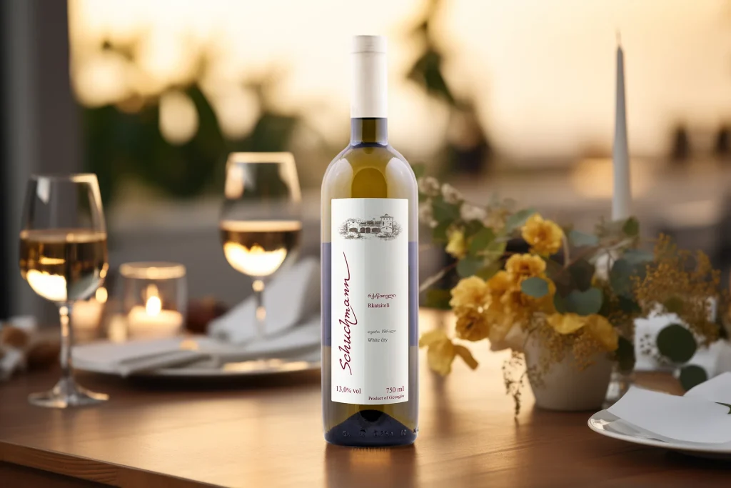 Schuchmann Wines Chateau,  Villas & Spa — Wine bottle and glasses set on a dining table at dusk.