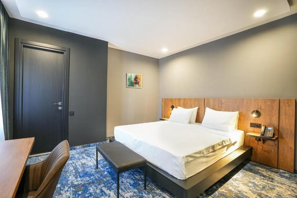 Splendid Tbilisi — Modern double bedroom with wood headboard and blue patterned carpet.