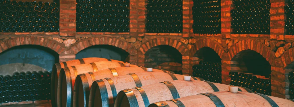 Teleda Orgo — Wine cellar with aging barrels and bottles stacked in brick arched niches.