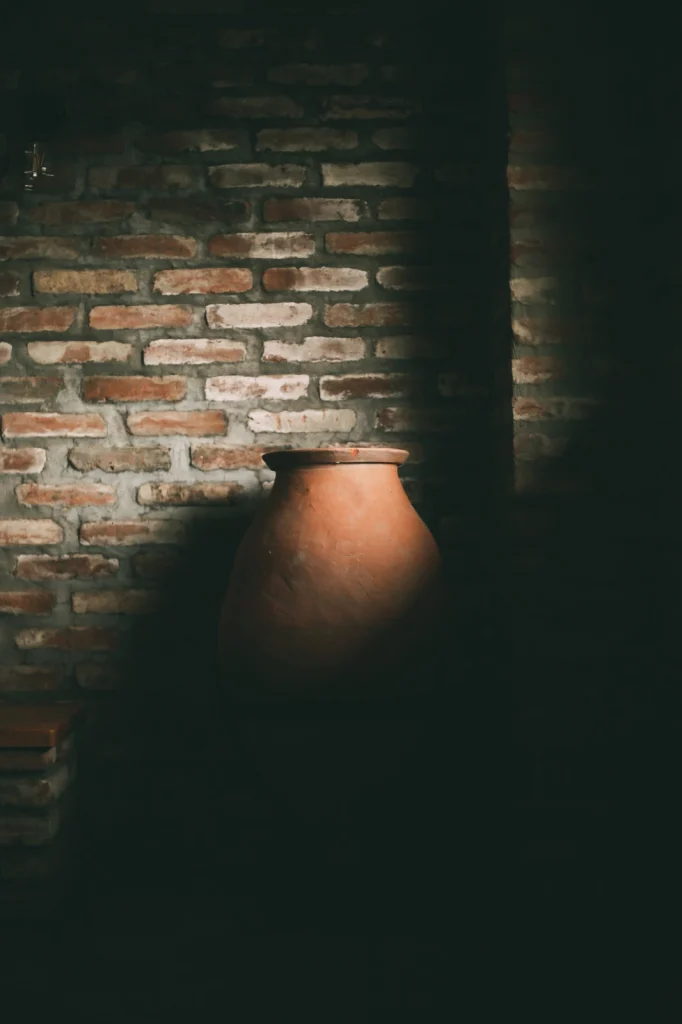 Teleda Orgo — Traditional clay qvevri jar displayed against a rustic brick wall.