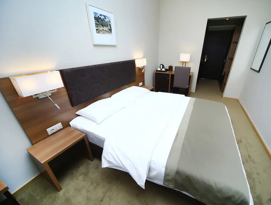 Tskaltubo Plaza — Hotel room with a double bed, wooden headboard, and bedside lamps.