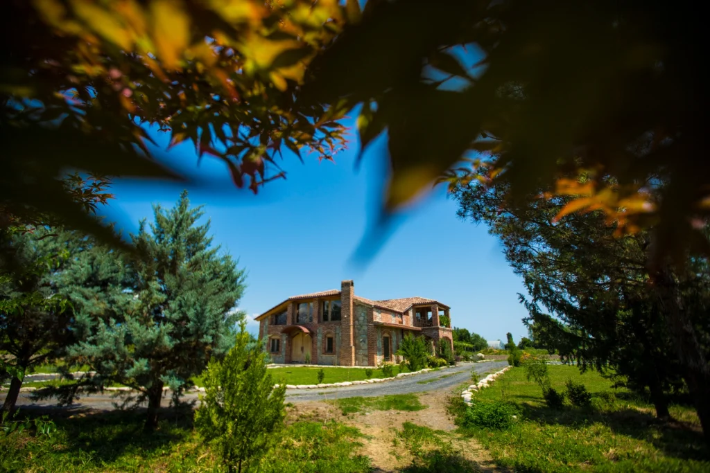 Zangaura — Stone and timber estate building with balconies, framed by trees under a clear blue sky.