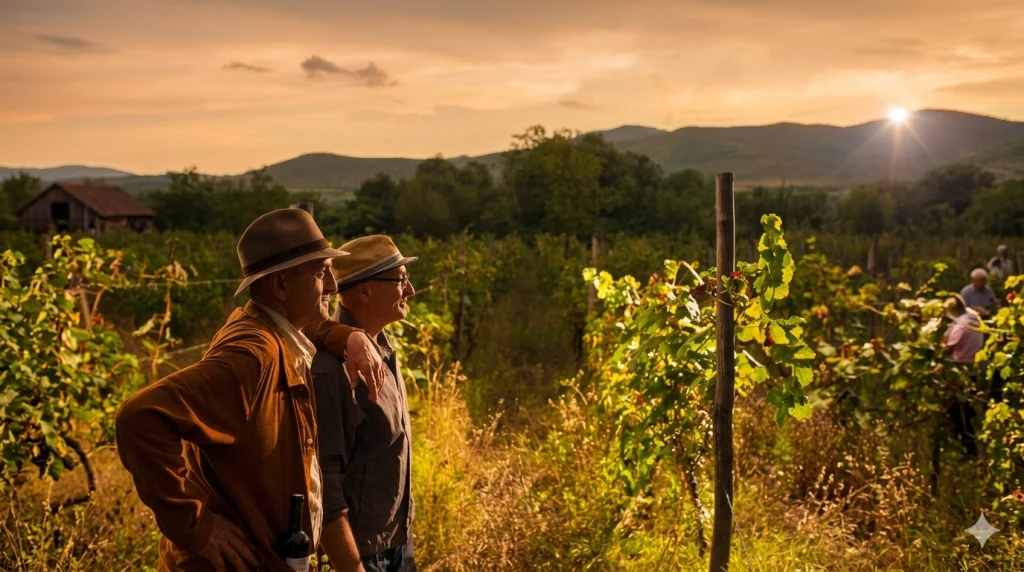 brothers cellar — Two men watch the sunset over vineyard rows surrounding the property.