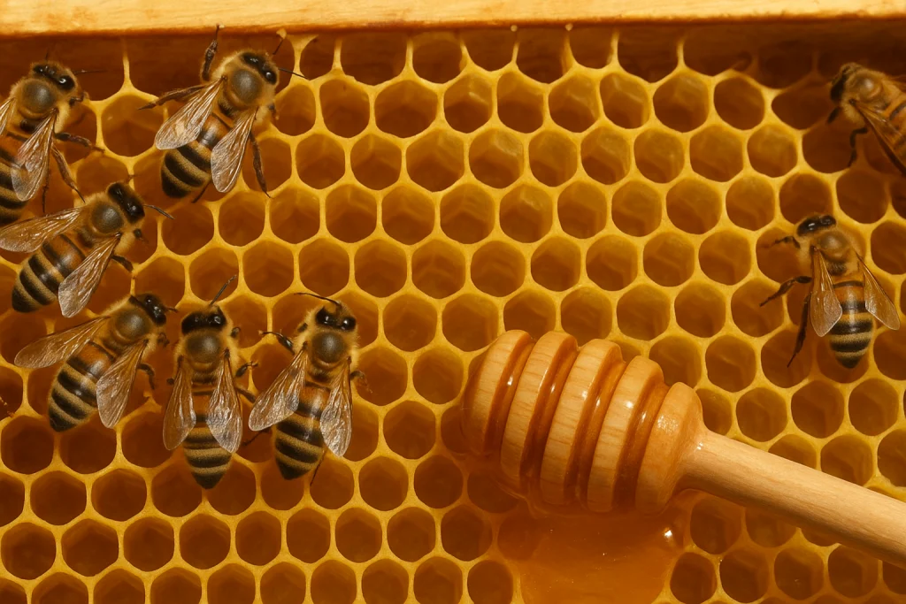 marani naturalisti — Close-up of bees on a honeycomb with a wooden honey dipper.