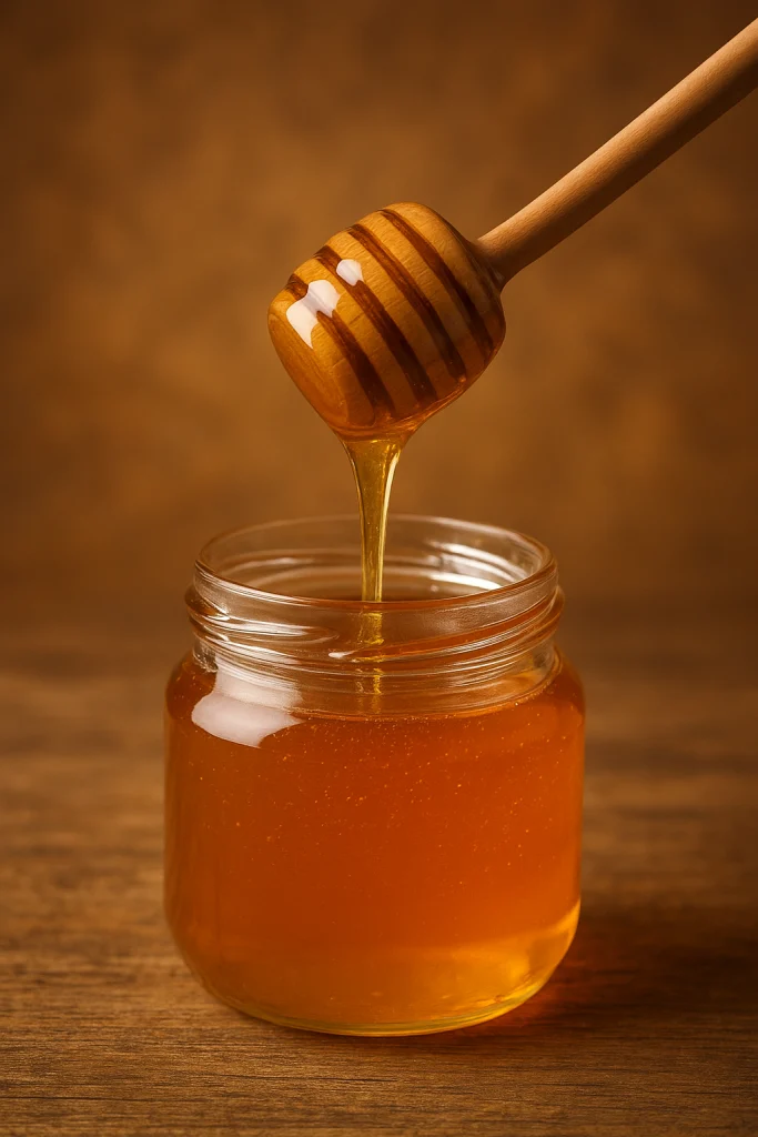 marani naturalisti — Honey dripping from a wooden dipper into a glass jar.