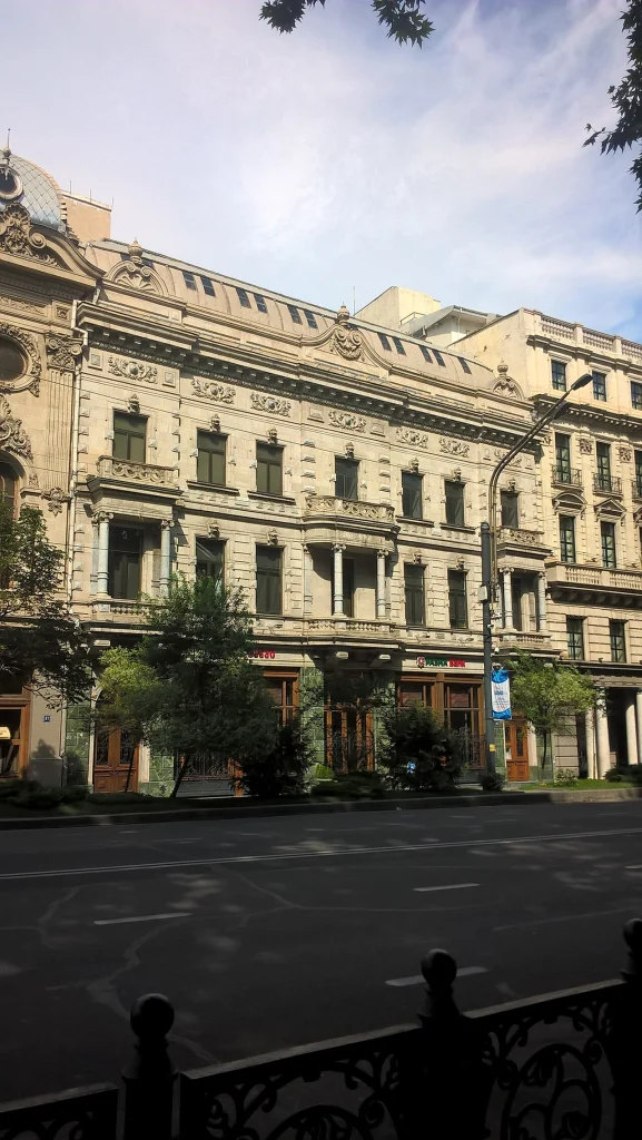 Ornate historic architecture on Rustaveli Avenue, Tbilisi's main boulevard for visitors.