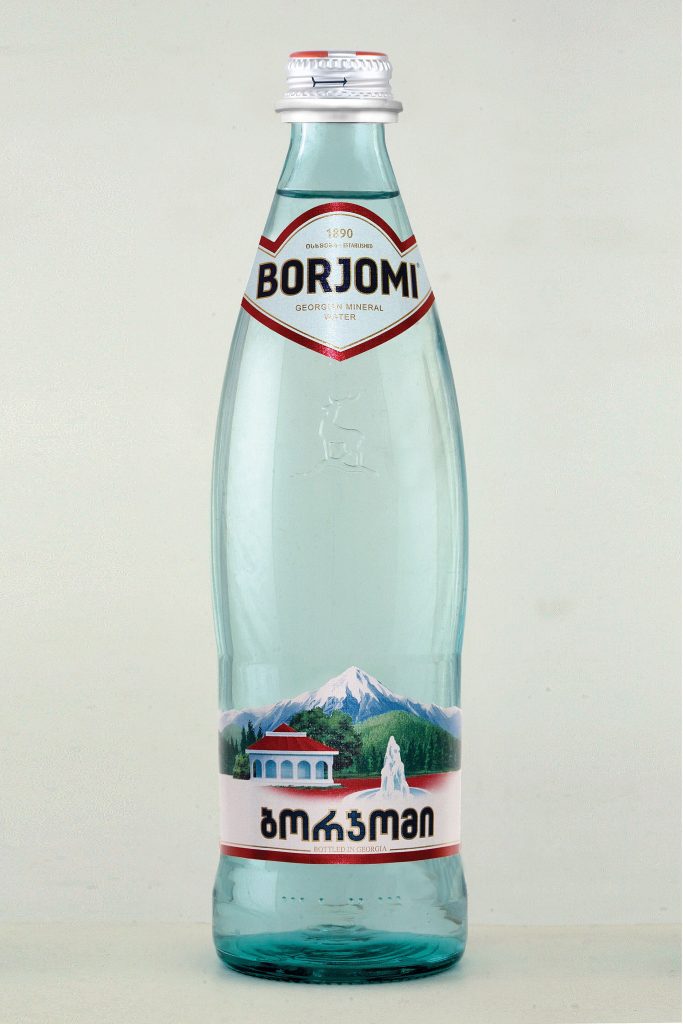 A bottle of Borjomi mineral water, the town's famous namesake product celebrated during Borjomoba.