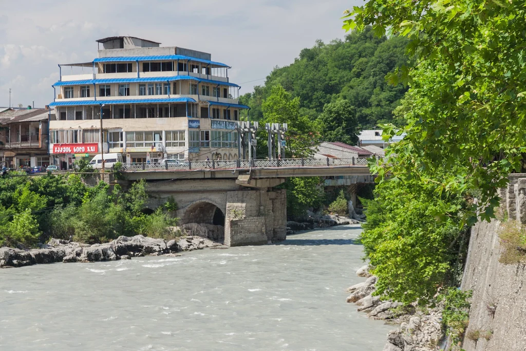 The Rioni River and Chain Bridge in Kutaisi, another city covered in the guide.