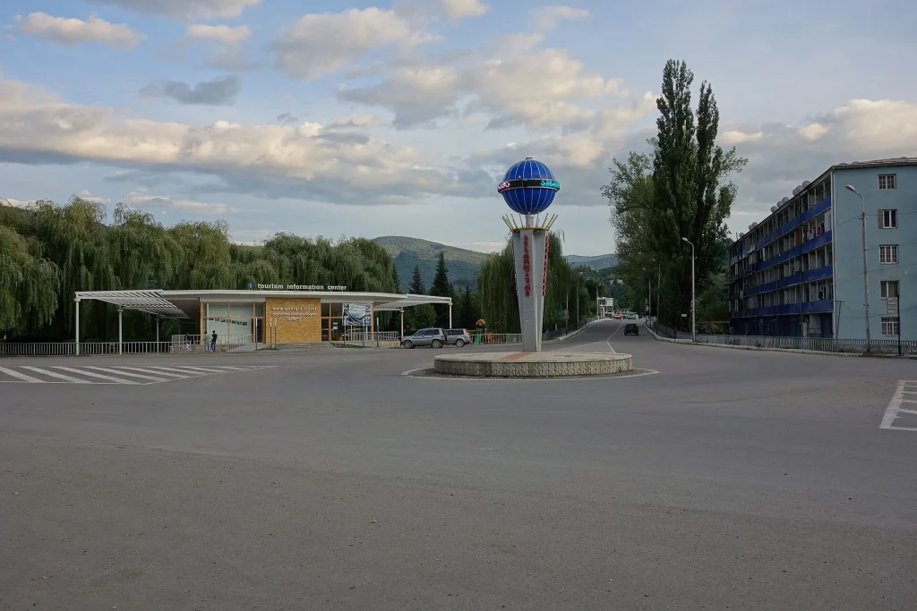 Junction in Ambrolauri showing roads toward Oni, Tkibuli and Kutaisi.