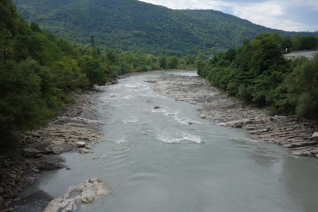 The Rioni river alongside the Ambrolauri–Oni road in Racha.