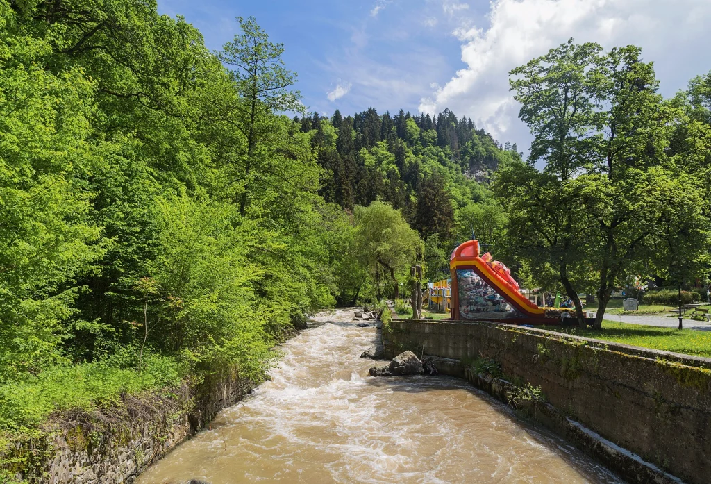 Rushing river flows through Borjomi Central Park beneath lush forested mountains.