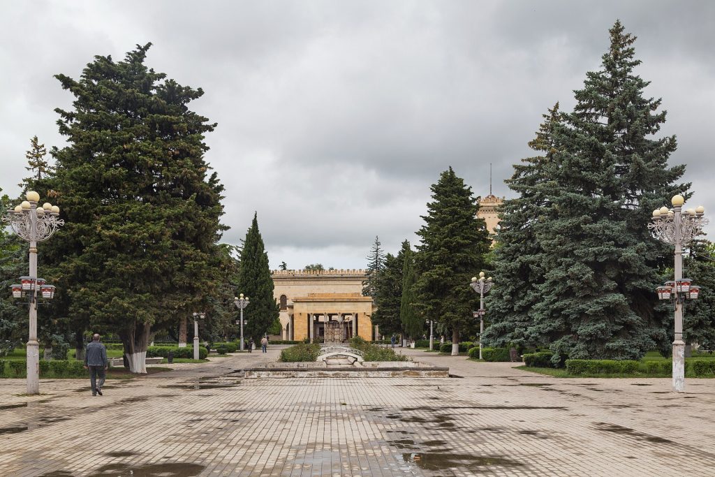 The tree-lined central park in Gori, a gathering spot during the city's festival days.