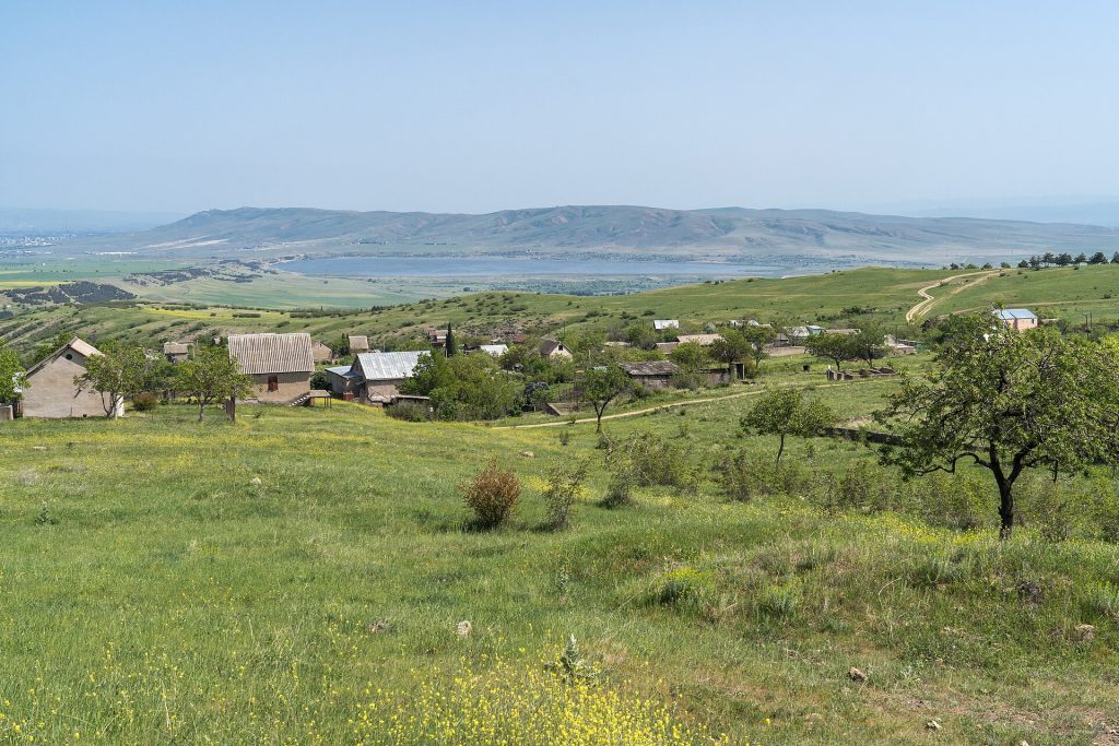 The village of Sameba overlooking the lake and plains of Gardabani Municipality.