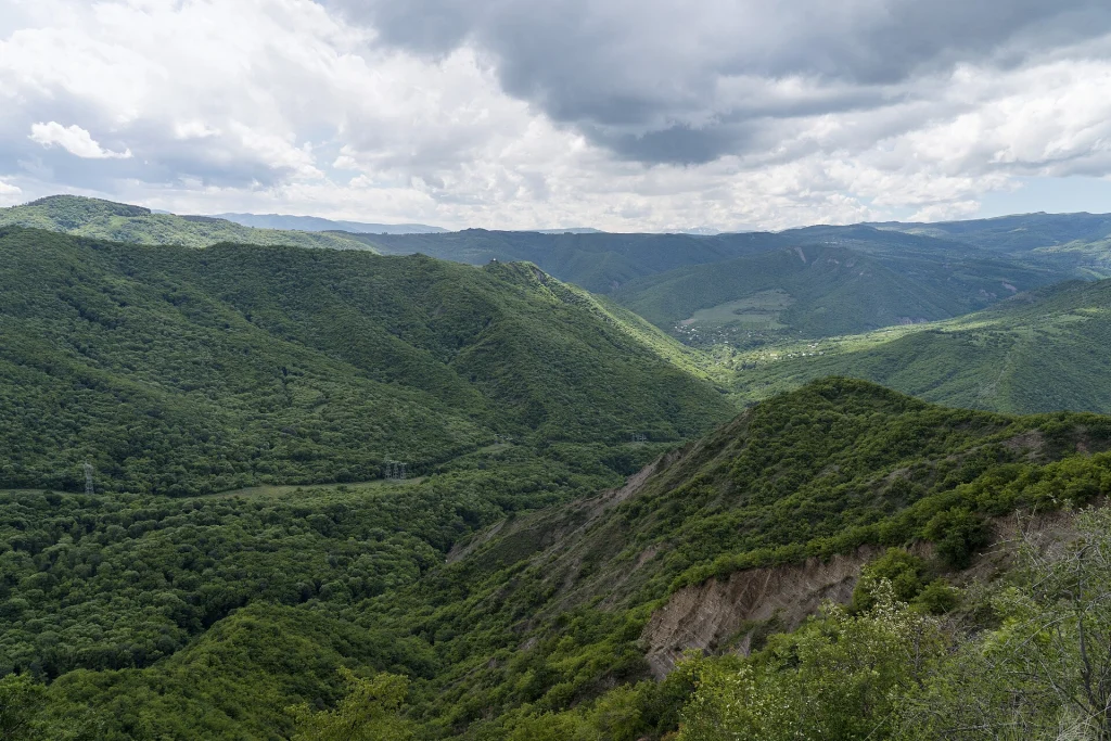 Green mountain landscape near Betania Monastery, typical of Georgia's countryside.