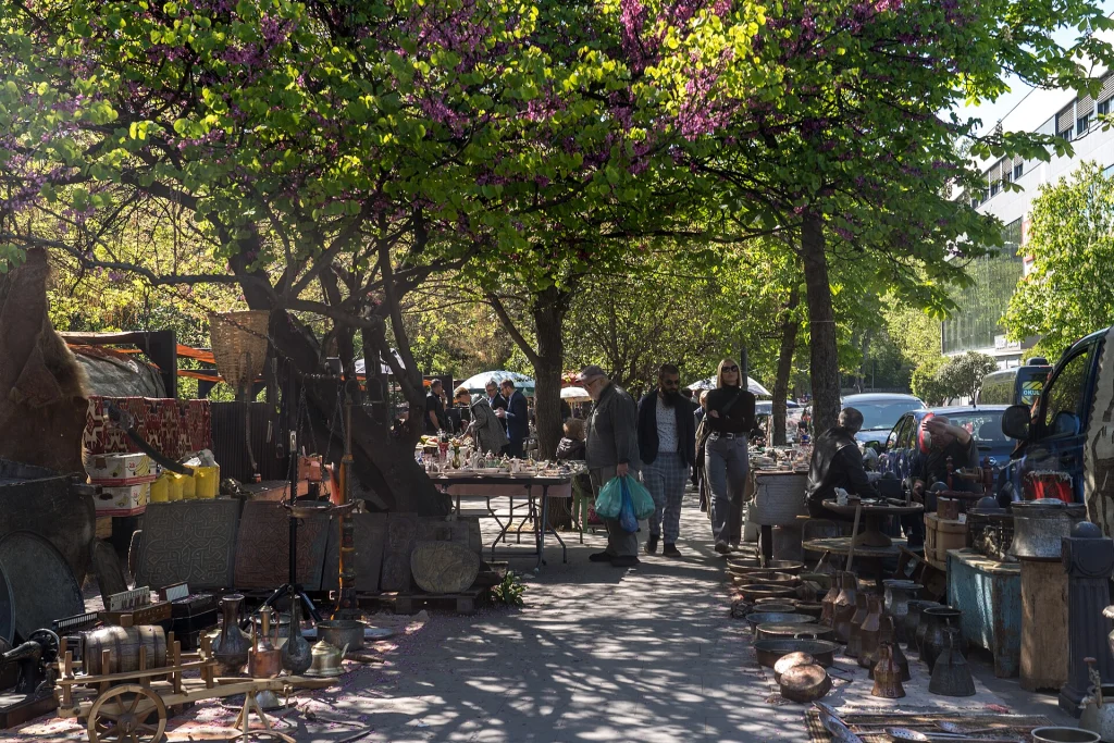 Shoppers browse antiques along the tree-lined Dry Bridge flea market in Tbilisi.