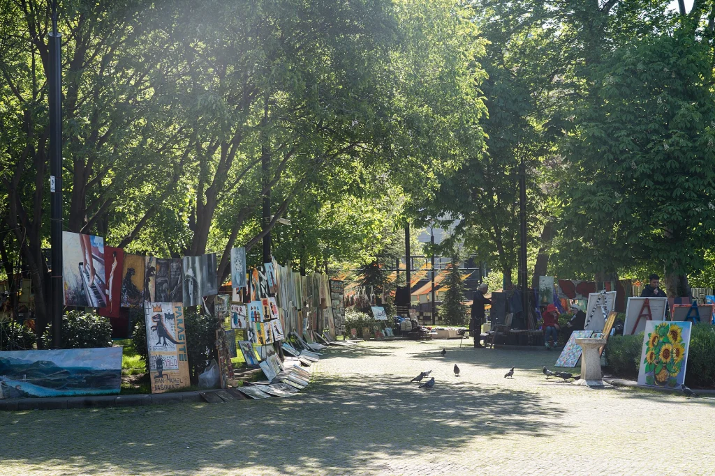 Local artists display paintings for sale in Tbilisi's 9th of March Park.