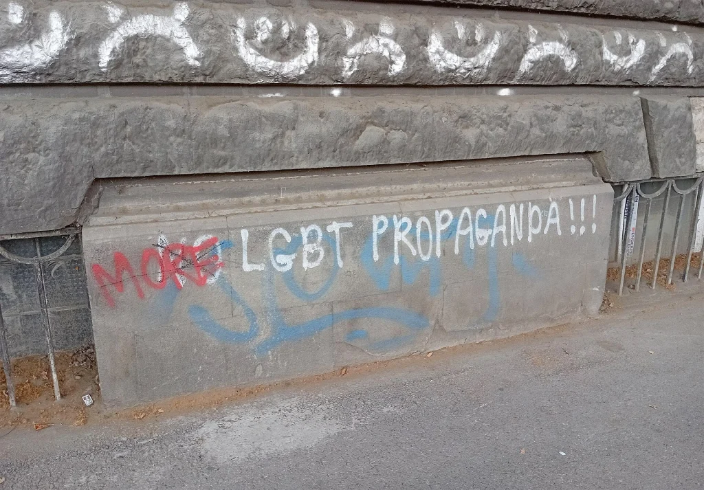 Graffiti debating 'LGBT propaganda' reflects divided public opinion after Georgia's 2024 anti-LGBT law.