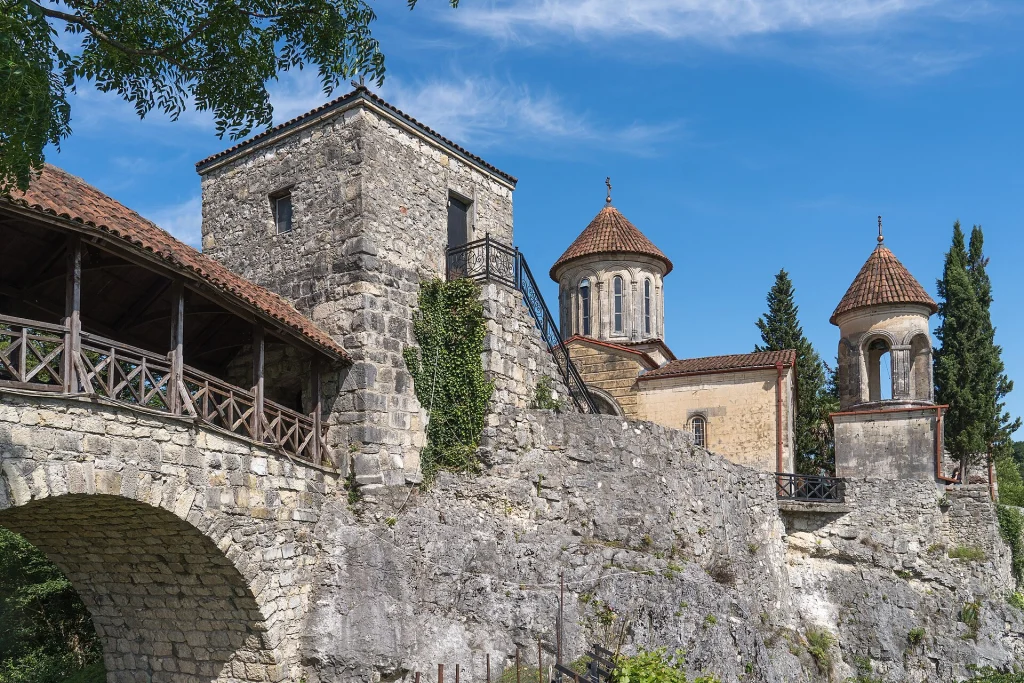 Motsameta Monastery perches on a cliff above the Tskaltsitela gorge near Kutaisi.