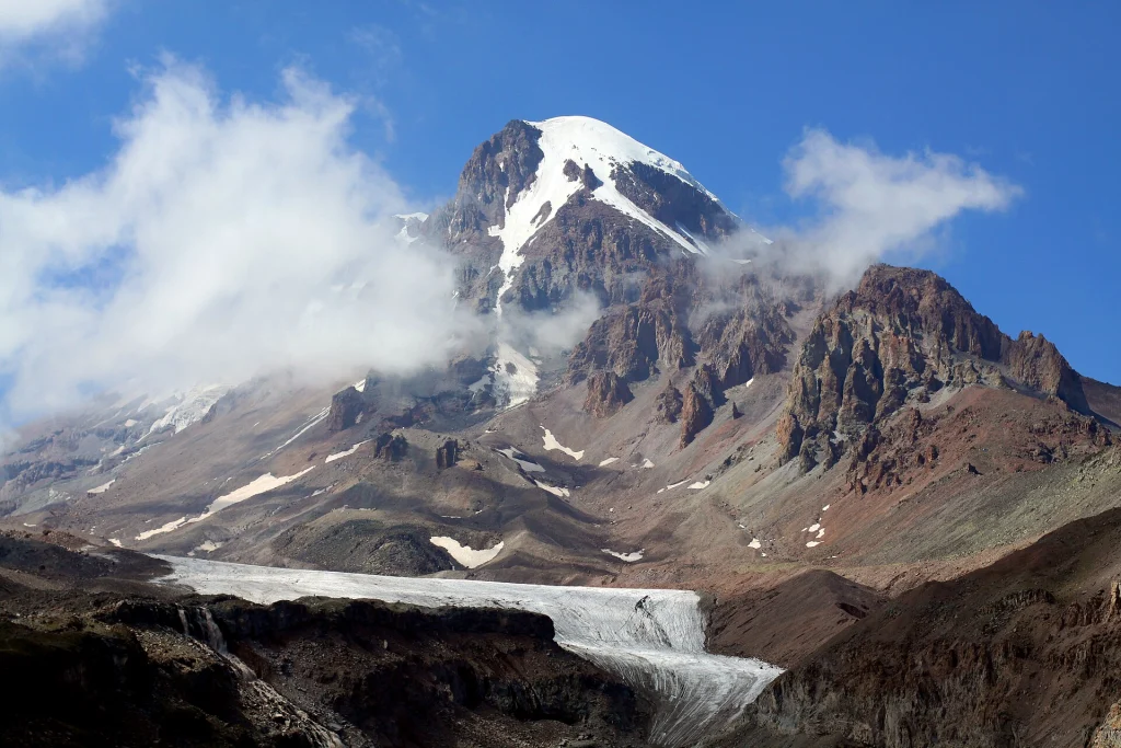 Mount Kazbek summit with glacier, the peak reached on the 7-day expedition.