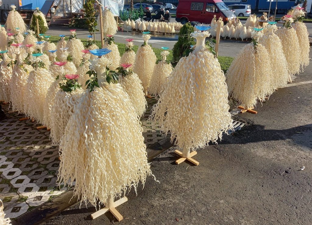 A market stall selling chichilaki trees, a traditional feature of Georgian New Year festivities.