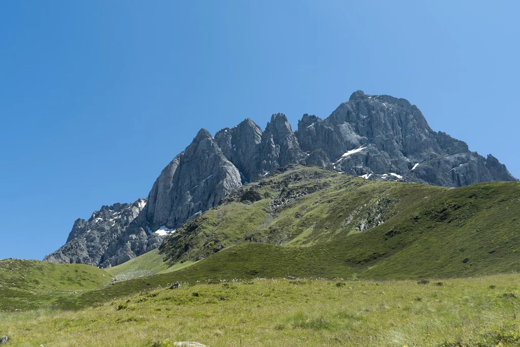 Jagged peaks of Mount Chaukhi rising above a green alpine meadow.