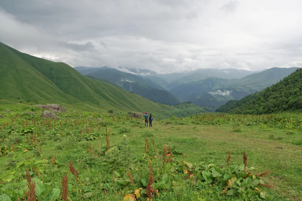 Abudelauri Valley beneath the Chaukhi Massif, a scenic hiking area in the Greater Caucasus, Georgia.