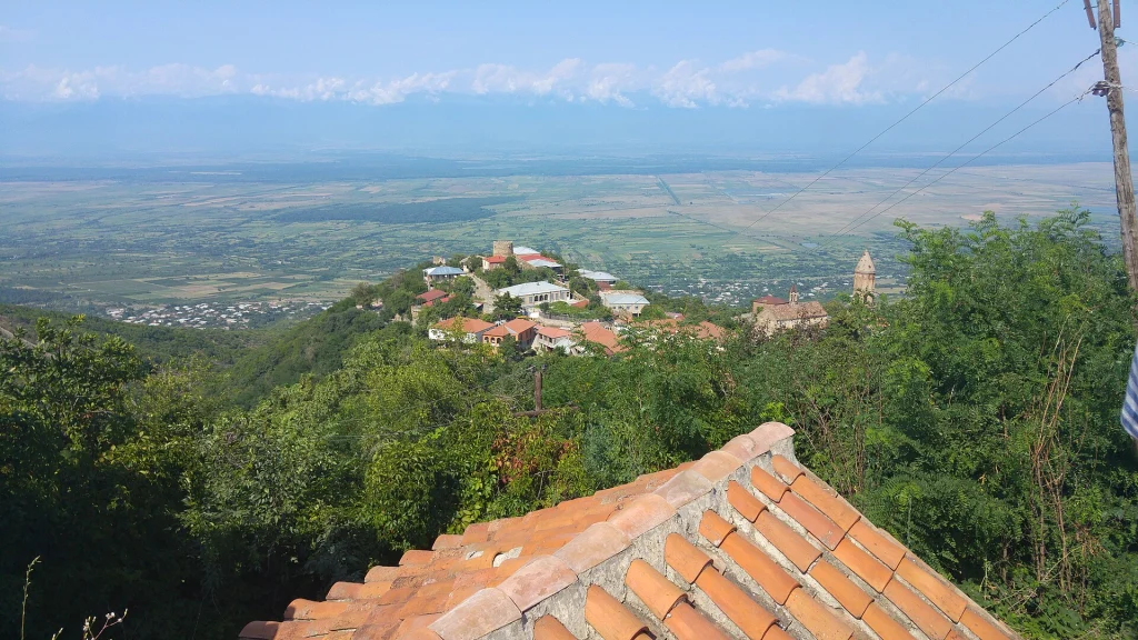 Panoramic view from Sighnaghi's hillside down toward Bodbe Monastery and the surrounding Kakheti plain.