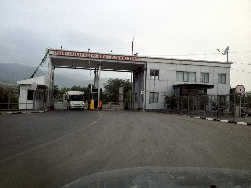The Bagratashen-Sadakhlo border gate linking Armenia and Georgia with waiting vehicles.