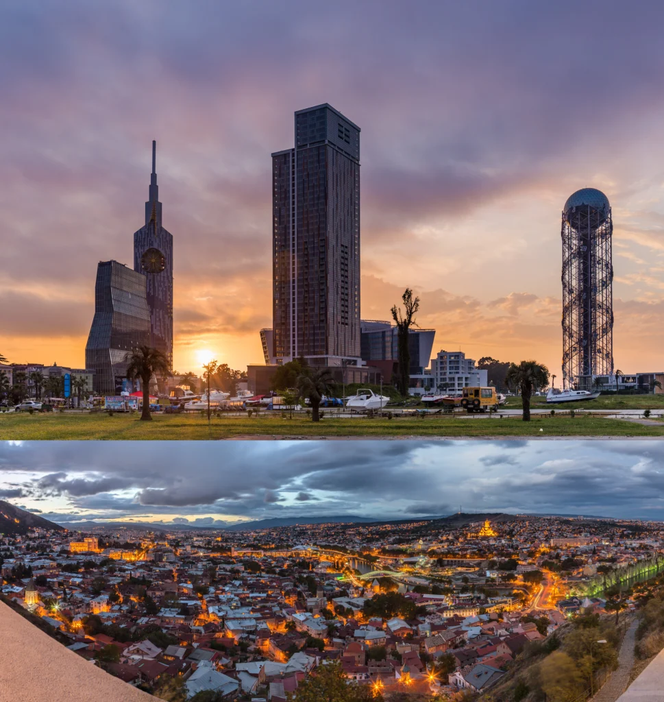 Skyline collage of Batumi's modern towers and Tbilisi's historic hillside cityscape at dusk.