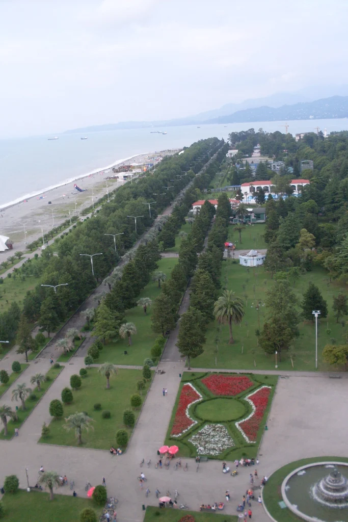 Aerial view of Batumi's seaside park and boulevard beach stretching along the coastline.