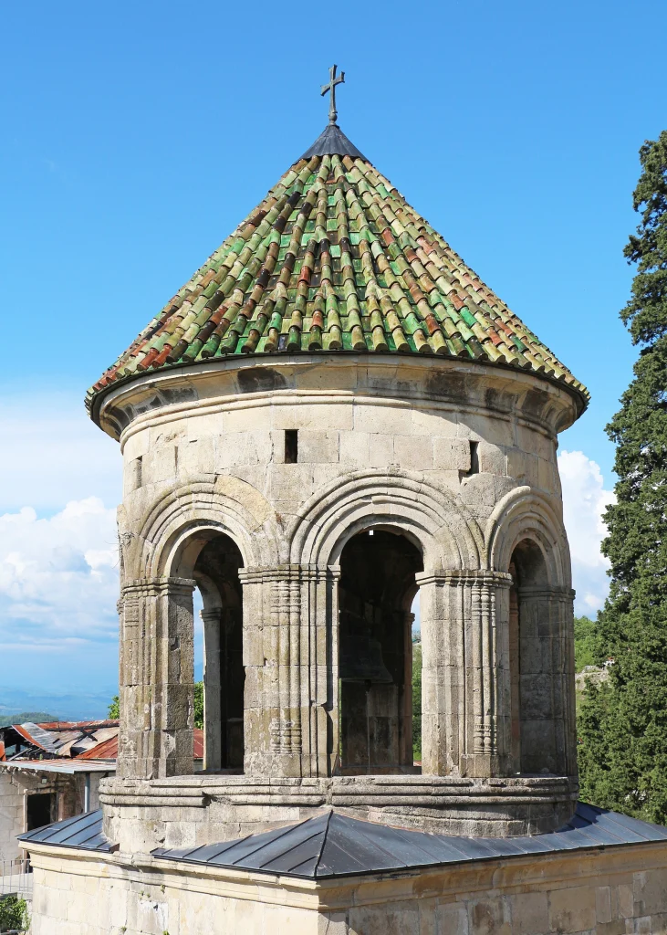 The ornate belfry of Gelati Monastery, a UNESCO-listed site reflecting Georgia's rich cultural heritage.