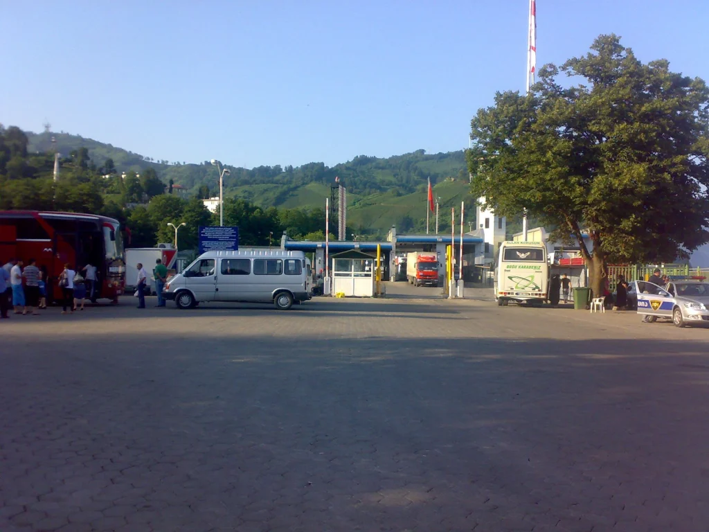 Vehicles and minibuses wait at the Sarpi border crossing between Georgia and Turkey.