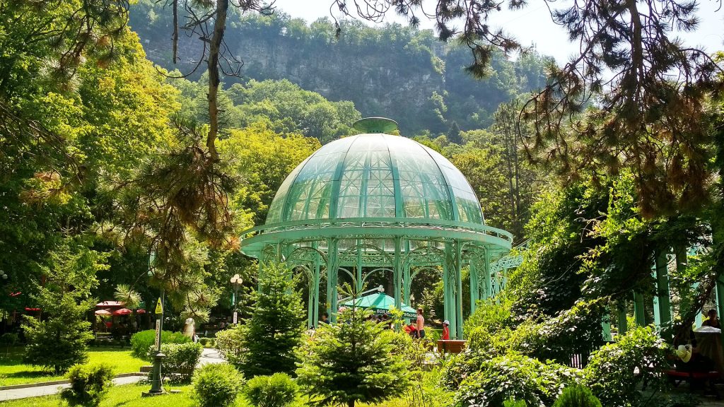 The Main Spring pavilion in Borjomi Central Park, the resort town where the festival begins each August.