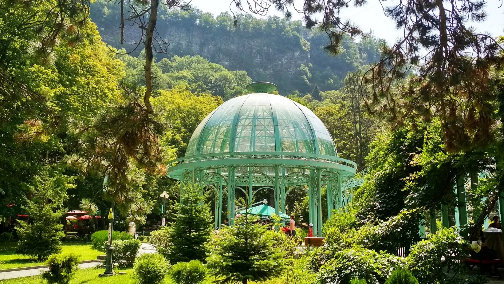 The glass pavilion over Borjomi's main mineral spring, the resort's signature attraction.