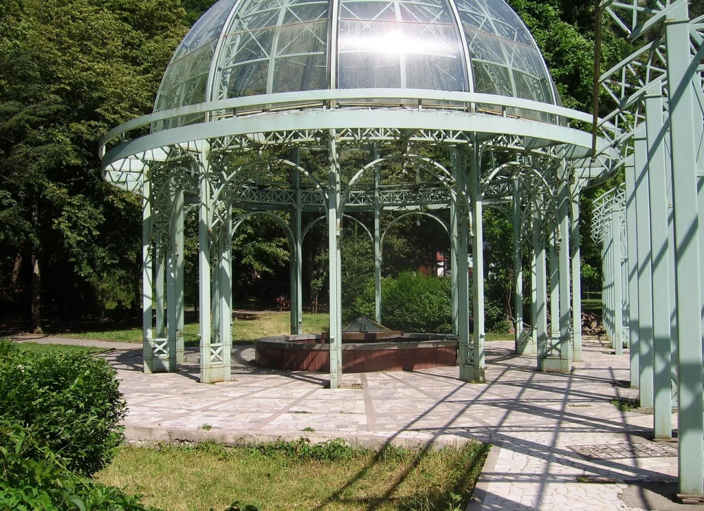 The historic glass-domed pavilion over a mineral spring in Borjomi's Central Park, source of the famous water.