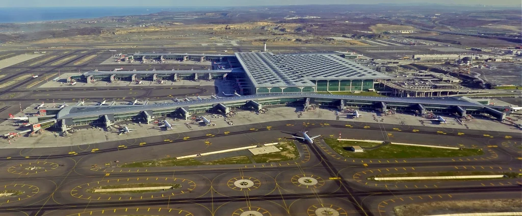 Aerial view of Istanbul Airport's main terminal building, used for connecting flights to Georgia.