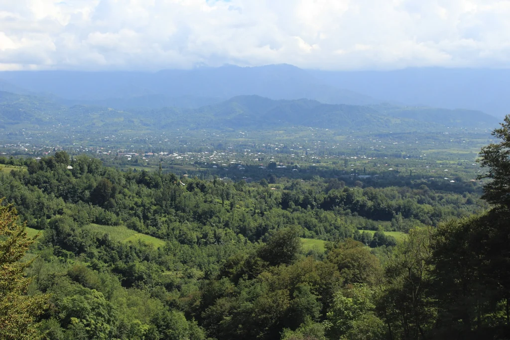 Green hills and valley landscape near Chokhatauri, a wine region of Guria.